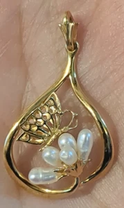 Vintage 14K YELLOW GOLD PEARL Flower BUTTERFLY PENDANT 3.2 GRAMS 1 7/8" Long - Picture 1 of 4