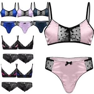 DE Men's Satin Bra Bikini Brief Sissy Underwear Cosplay Night Bikini - Picture 1 of 85