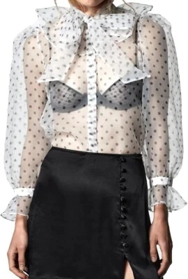 CAMISA BLUSA ZARA BLANCA TRANSPARENTE CON VOLANTES DE ORGANZA LAZO EN EL COÑO LUNARES SPOT M Foto 1 de 4