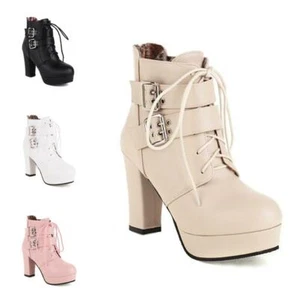 Women's Punk Ankle Boots Round Toe Block High Heel Buckle Platform Shoes 44-48 D - Picture 1 of 17