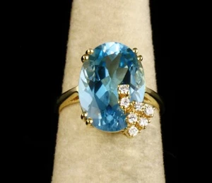 DESIGNER FINE NATURAL 8.09ctw SWISS BLUE TOPAZ & DIAMOND 14K GOLD COCKTAIL RING - Picture 1 of 11
