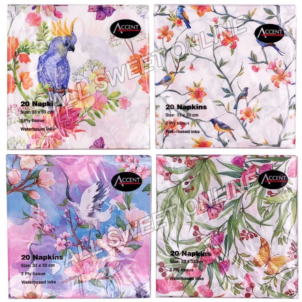20x Paper Napkins Serviette 2ply Birds Butterflies Flowers Lunch Dinner Wedding - image 1 of 1