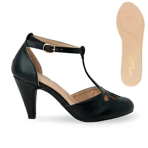 Chase & Chloe Women's Teardrop Cut Out T-Strap Mid Heel Pumps Black US Size 6 - Picture 1 of 4
