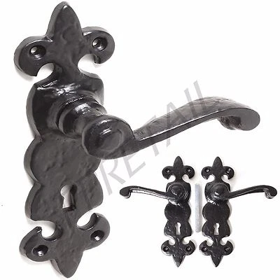 BLACK ANTIQUE FLEUR DE LYS DESIGN IRON LEVER EXTERNAL HANDLE Front Door Key Hole - Image 1 of 2