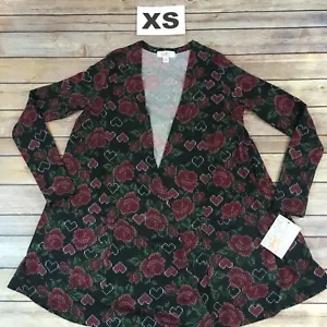 XS CAROLINE LuLaRoe Strickjacke Pullover ~ROTE ROSEN & HERZEN auf SCHWARZ~ Gr. 00-4 - Bild 1 von 3