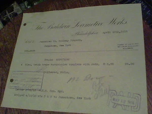1916 bill from The Baldwin Locomotive Works to Jamestown St. Railway Company s5  - Picture 1 of 4