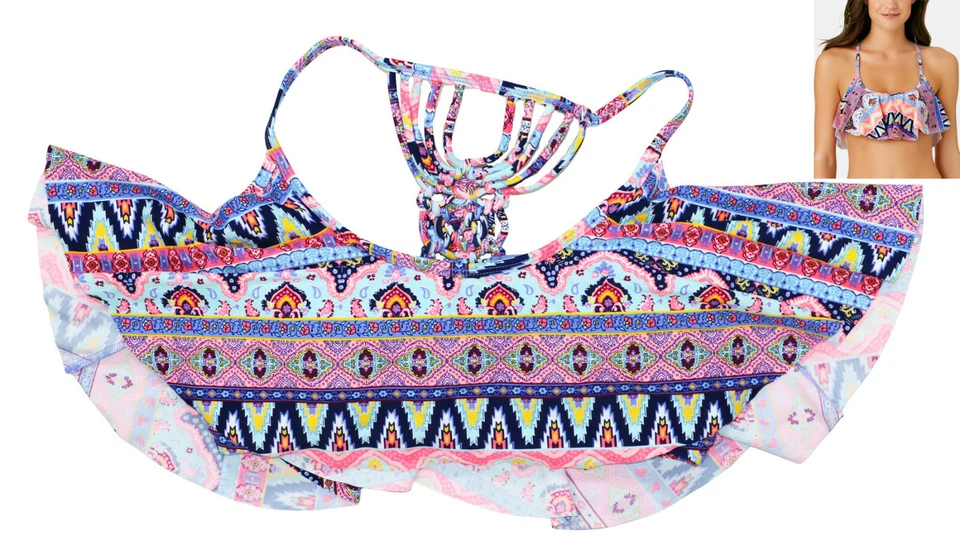 California Waves Flounce Overlay Macrame Back Juniors Bikini Top L NWT Multi - Image 1 of 1