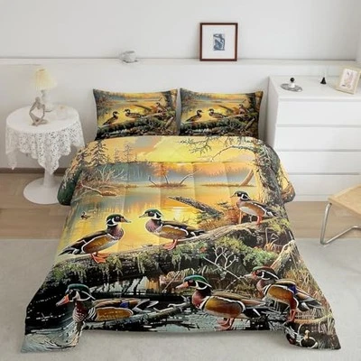  Edredón de pato salvaje, juego de ropa de cama de caza de animales salvajes doble verde marrón Foto 1 de 4