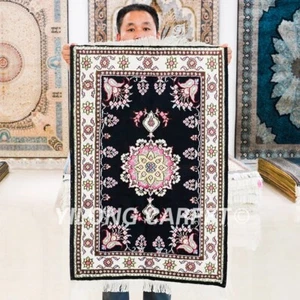 2x3ft Handmade Silk Carpet Small Blue Handcraft Floral Sofa Area Rug LZL319C - Picture 1 of 9