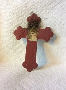 ANTIKES DEUTSCHES LAMETTA PAPIER MÄDCHEN AM KREUZ WEIHNACHTSSCHMUCK - Bild 1 von 12