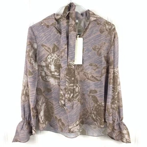 La Bellum Womens Blouse Multicolor Floral Long Sleeve Ruffle Collared Sash L New - Bild 1 von 7