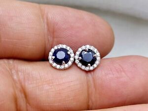 2.40ct Genuine Mined Sapphire And Diamond Stud Earrings In 14K White Gold, Halo