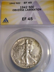 1942 ERROR ANACS EF45 LAMINATION Walking Liberty SILVER Half Dollar XF Coin NR - Picture 1 of 9