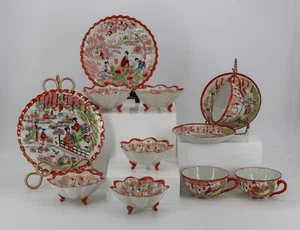 VTG Porcelain Japan Geisha Hand Painted Gilt Scalloped Plates Bowls Cups Saucers - Picture 1 of 18