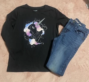 Girls Cat & Jack Size 10/12 Unicorn Shirt Total Flex Adjustable Jeans Outfit - Picture 1 of 5