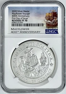 2020 Mayflower Voyage 400th Anniversary Silver Medal 1 Oz NGC Reverse PF 70 FDOI - Picture 1 of 2