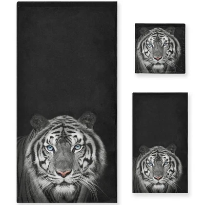 Мягкие 3 полотенца комплект белый Tiger черный, 1 полотенце для ванны + 1 полотенце для рук + 1 мочалка Dec... - Изображение 1 из 4