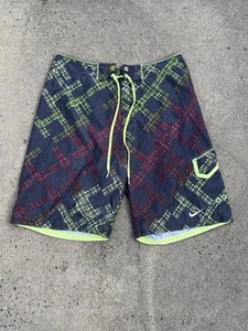 Nike Swim Trunks Board Shorts Blue Lime Green Geometric Print Mens Size Med EUC - Picture 1 of 10