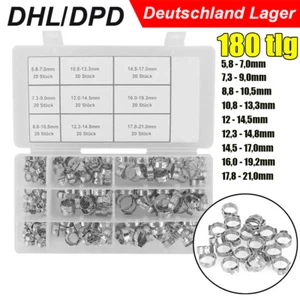 180 tlg 1 Ohr Schlauchschellen Edelstahl Sortiment Schlauchklemmen Set DE - Bild 1 von 18