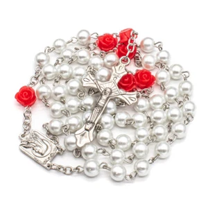 Weiße Perle Lourdes Rosenkranz Halskette - 26" Länge - rote Rose Perlen - Bild 1 von 6