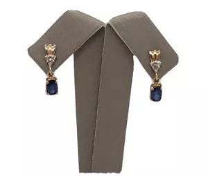 14k YG Stud Earrings Natural Blue Sapphire Brilliant Cut Diamond - Picture 1 of 7