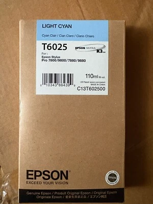 2019 NEW IN BOX GENUNE EPSON T6025 CYAN 110ml INK STYLUS 7880 9880 7800 9800 - Image 1 of 2