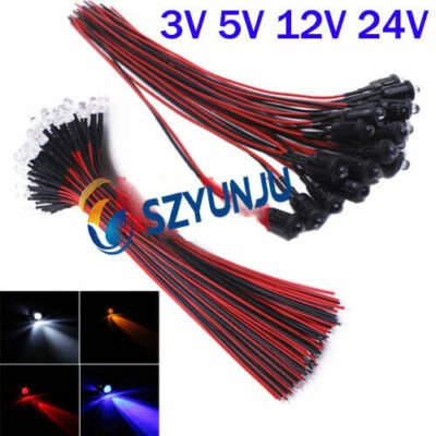 3V 5V 12V 24V 5MM LED Diode Light Clear 20cm Cable Pre-Wired With Plastic Holder - Image 1 of 4