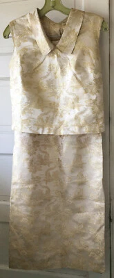 Blusa Falda Recta Brocado Floral Dorado Metálico Vintage Años 60 Noche 36" Busto Foto 1 de 4