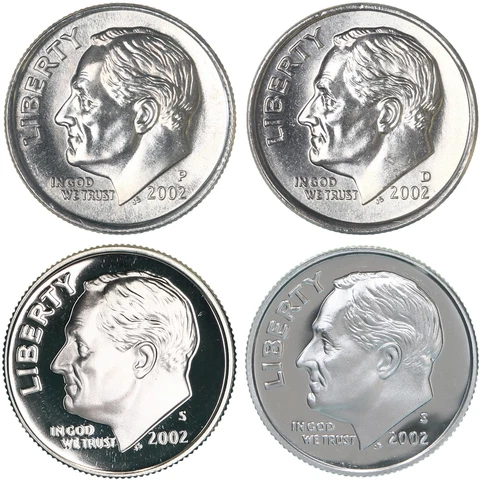 2002 P D S S Roosevelt Dime Year Set Silver & Clad Proof & BU US 4 Coin Lot Cover