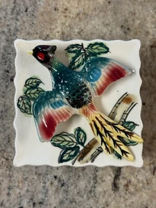 Vintage Hand Painted 4.25" Square Scalloped Wall Pocket Vase - Pheasant Bird - Picture 1 of 7