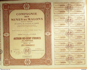 Mines de Malons (30) (Cie) action 100 fr 1928 - Bild 1 von 1