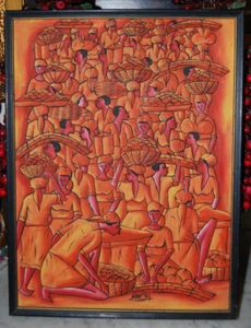 ARTE POPULAR HAITIANO ORIGINAL ENMARCADO DE COLECCIÓN AÑOS 70 ESCENA DE MERCADO ABARROTADO ARTISTA FRENTE J 34 - Imagen 1 de 24