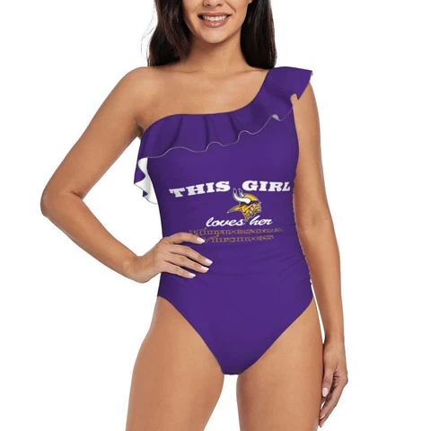 This Girl Loves Her Minnesota Vikings Women's One Shoulder Ruffle Swimsuits Cover