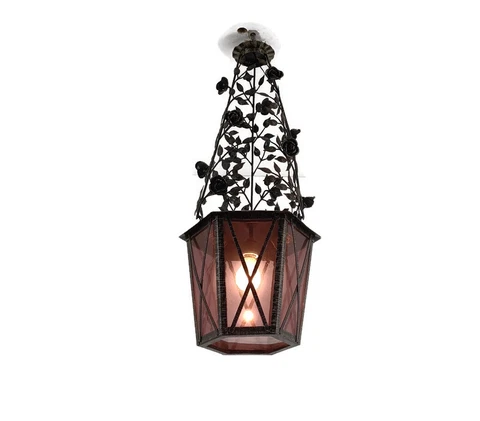 pendant Lantern Cranberry Art glass Ceiling Light Wrought iron Rose Leafs Gorgeo Cover
