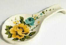 Pioneer Woman Stoneware 8-1/2" Spoon Rest Rose Shadow Floral Teal Yellow NEW