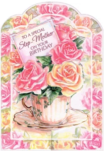 Pink Orange and Yellow Flowers in Tea Cup Die Cut Birthday Card for Step-Mother - Picture 1 of 2