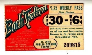 Raro 1944 St. Louis Bus Pass Public Service Co. con anuncio del Festival de Bach. - Imagen 1 de 2
