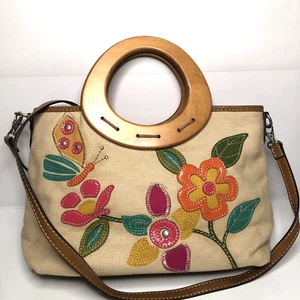 Relic Y2K Fossil Purse Handbag Bag Wooden Handles Embroidered Flowers Leaves - Picture 1 of 23