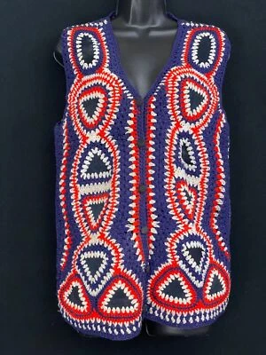 Chaleco Suéter Vintage Años 70, Cuero Patchwork Crochet Top Camisa Rojo Azul Blanco Foto 1 de 4