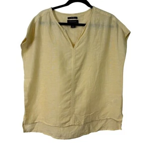 TAHARI Camicia donna 100% lino tinta unita citron croce boxy scollo a V cappuccio manica taglia M - Foto 1 di 9