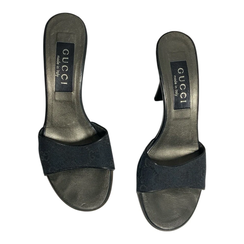 GUCCI M.I.Italy Canvas & Leather High Heel Mules Black Women’s Sz 6- 12 B PVGC - Image 1 of 4