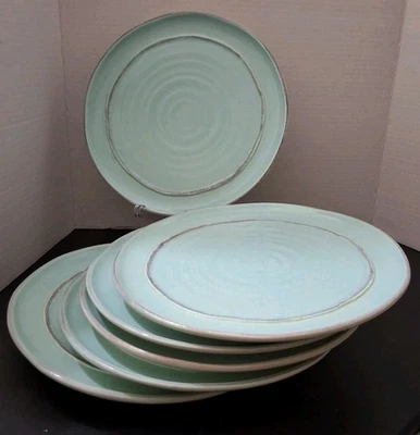 Crate & Barrel Como Dinner Plate Rustic Aqua  &  Cream Raised Ring Earthenware  - Image 1 of 4