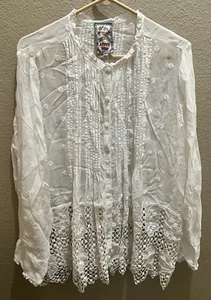 Top Johnny Was Baez Phaedra plissettato ricamato pizzo occhiello bianco bohemien taglia L - Foto 1 di 3