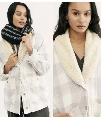 Free People Woodlands клетку фланель шерпа плюшевый мех Куртка Пальто серый $198 Sz S - Изображение 1 из 4