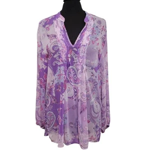 Camicetta Susan Graver trasparente Popover manica lunga taglia large viola paisley - Foto 1 di 5