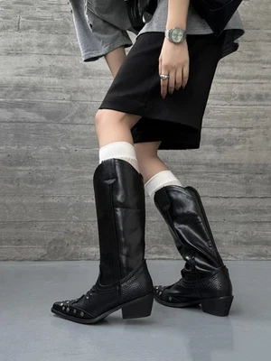 Botas vaqueras occidentales retro de cuero genuino para mujer nuevas botas de caballero de tacón grueso - Imagen 1 de 4