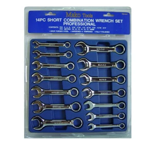 14PC STUBBY PRO SPANNER WRENCH SETCR-V PROFESSIONAL Metric SAE 10-19mm 3/8”-3/4 - Picture 1 of 2