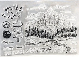 Cartello Timbro Trasparente Montagne Ruscello Sentiero Escursionismo Foglio 4,5" x 6,25" - Foto 1 di 1
