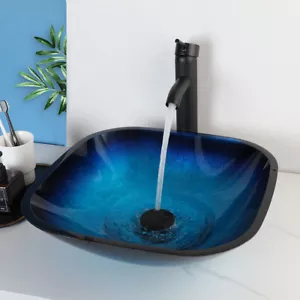 US Blue Bathroom Vessel Sink Square Tempered Glass Basin Mixer Black Drain Taps - Picture 1 of 13