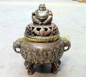 Folk handwork old Bronze Copper Maitreya Buddha Lucky Incense Burners Handwork - Picture 1 of 4